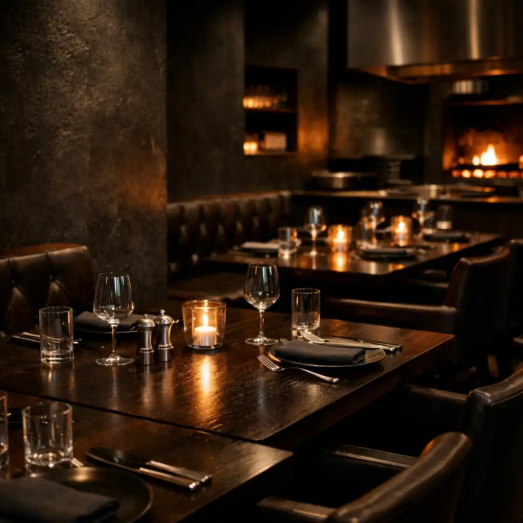 Amber-lit dark steakhouse dining room