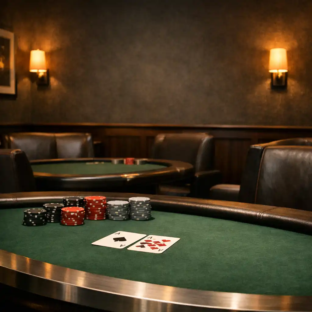 A refined physical card poker room with green felt, seating and warm amber light