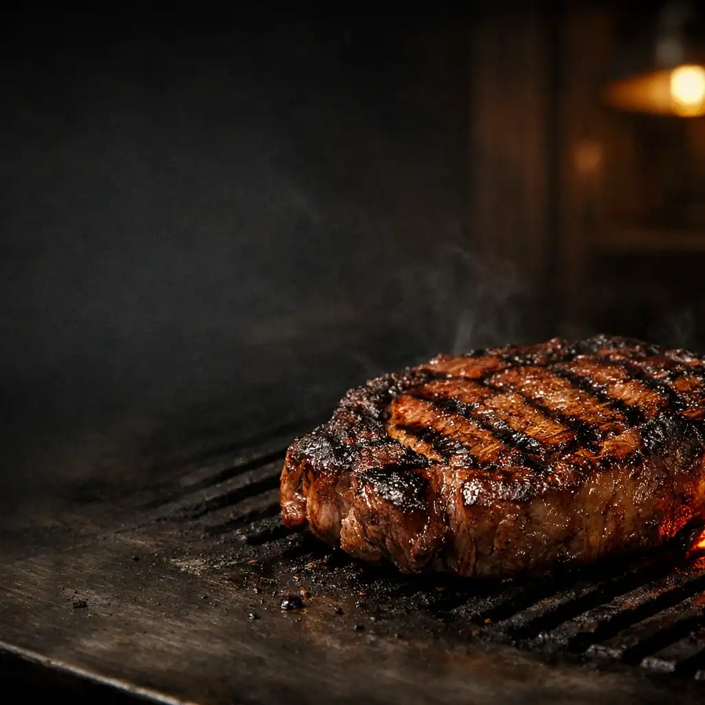 Charred ribeye resting on a dark grill surface in warm steakhouse light