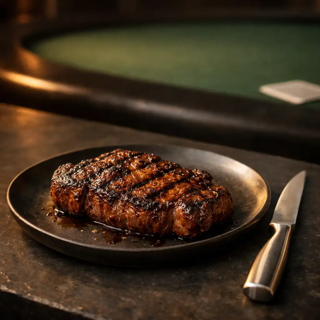 Resting grilled steak on a dark plate beside brushed silver cutlery and green felt