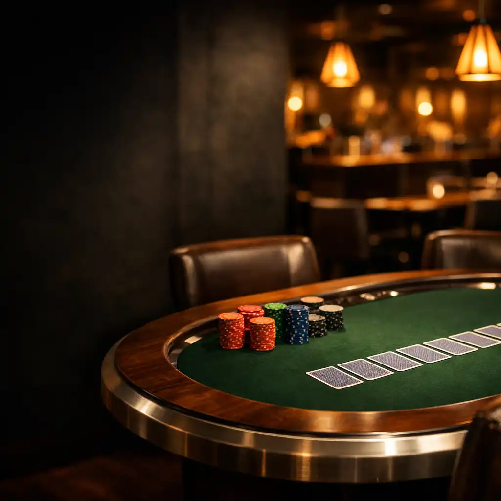 Green felt poker table with face-down cards and souvenir chips in a warmly lit lounge