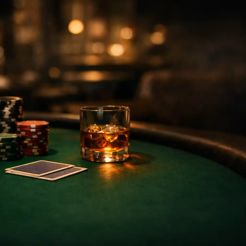 Green felt physical poker table detail with face-down cards and silver-edged souvenir chips