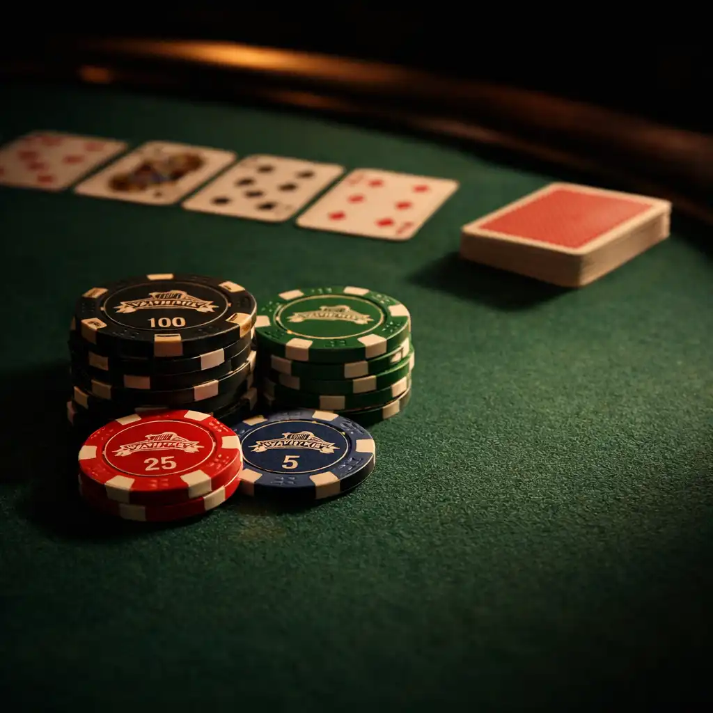 Playing cards and souvenir chips on a green felt physical poker table