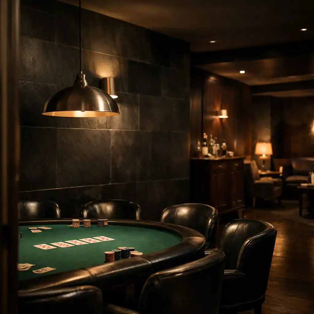 An atmospheric card poker room with a green-felt table, empty chairs, dark slate panels, and warm amber lighting.