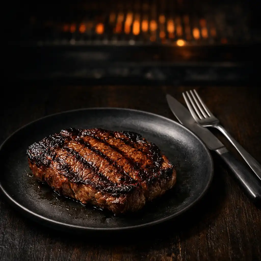 Prime grilled steak on a dark ceramic plate with brushed metal cutlery and amber grill light.