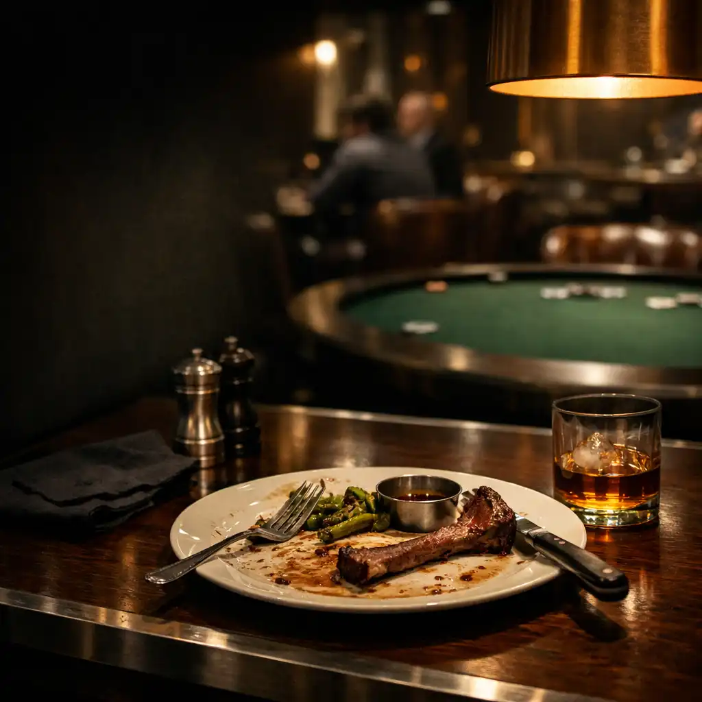 A steak plate on a dark table with warm lounge light and a green-felt poker table beyond.