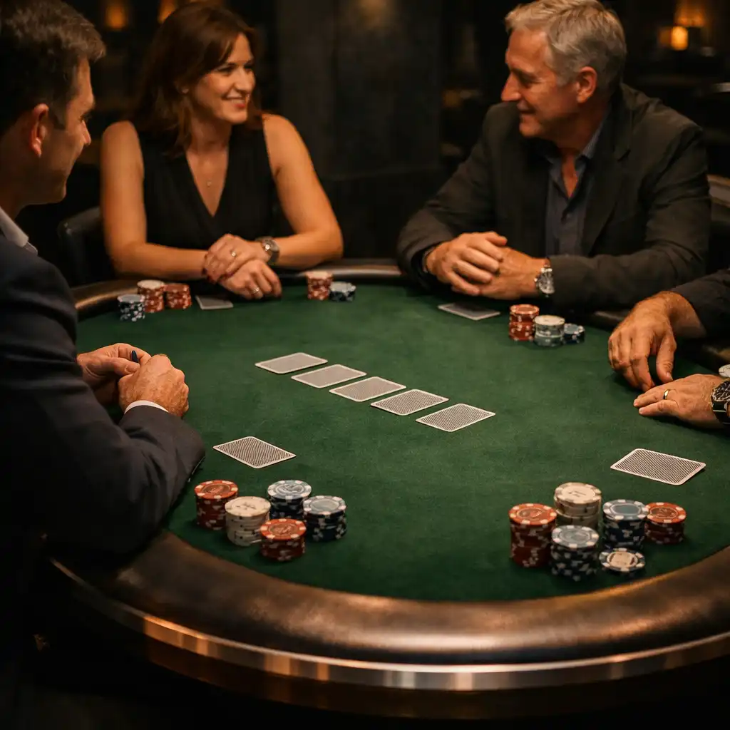 People seated around a green-felt physical poker table with cards and souvenir chips in a warm Sydney lounge.