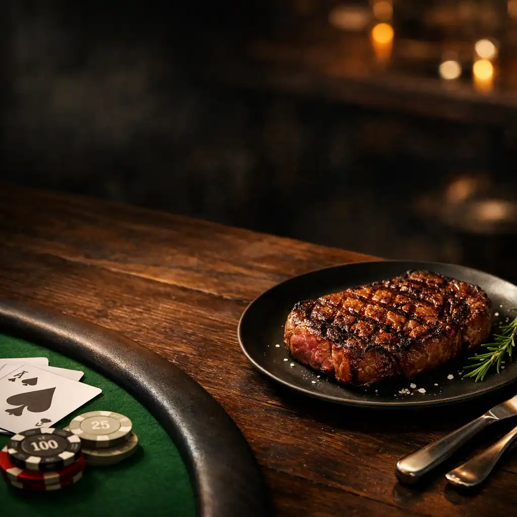Grilled steak beside a green-felt table edge under warm amber light