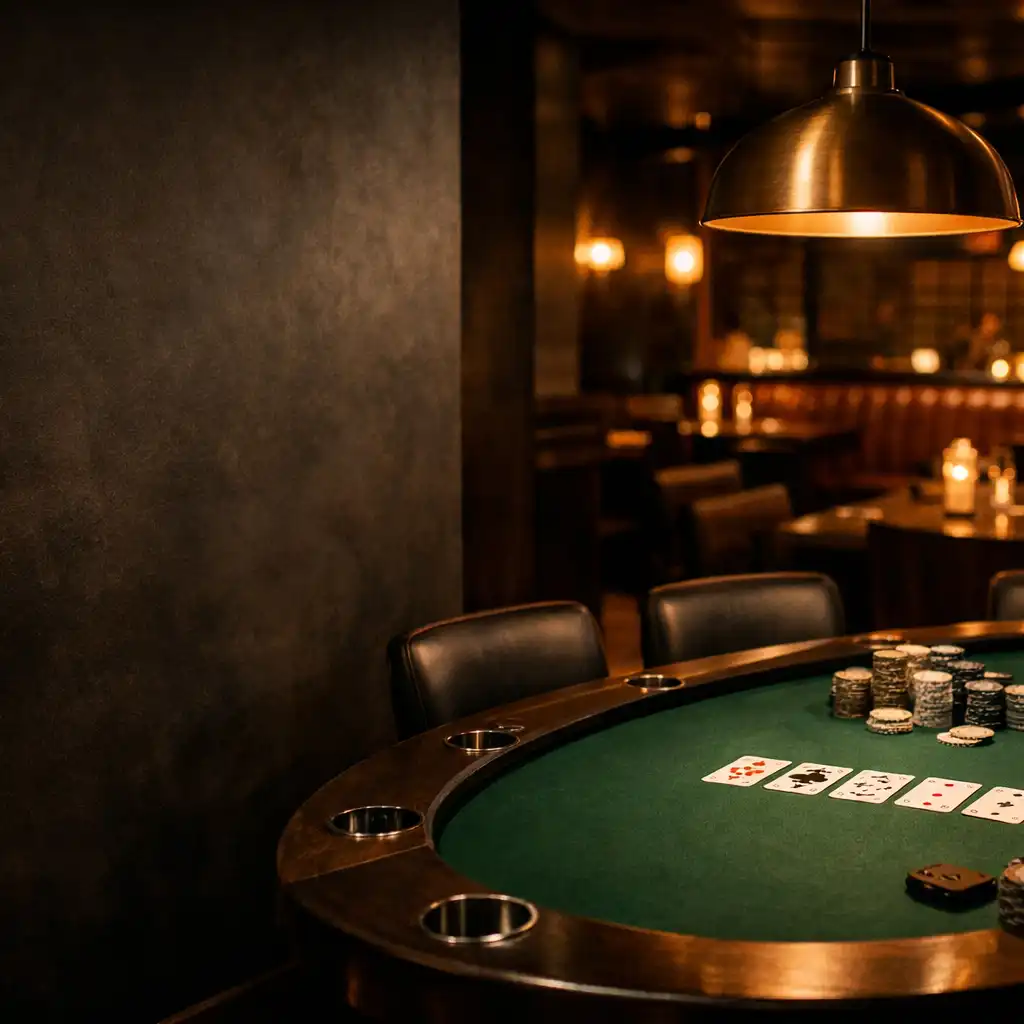 Green-felt poker table in Silverstacklounge’s warm, charcoal-toned physical poker lounge