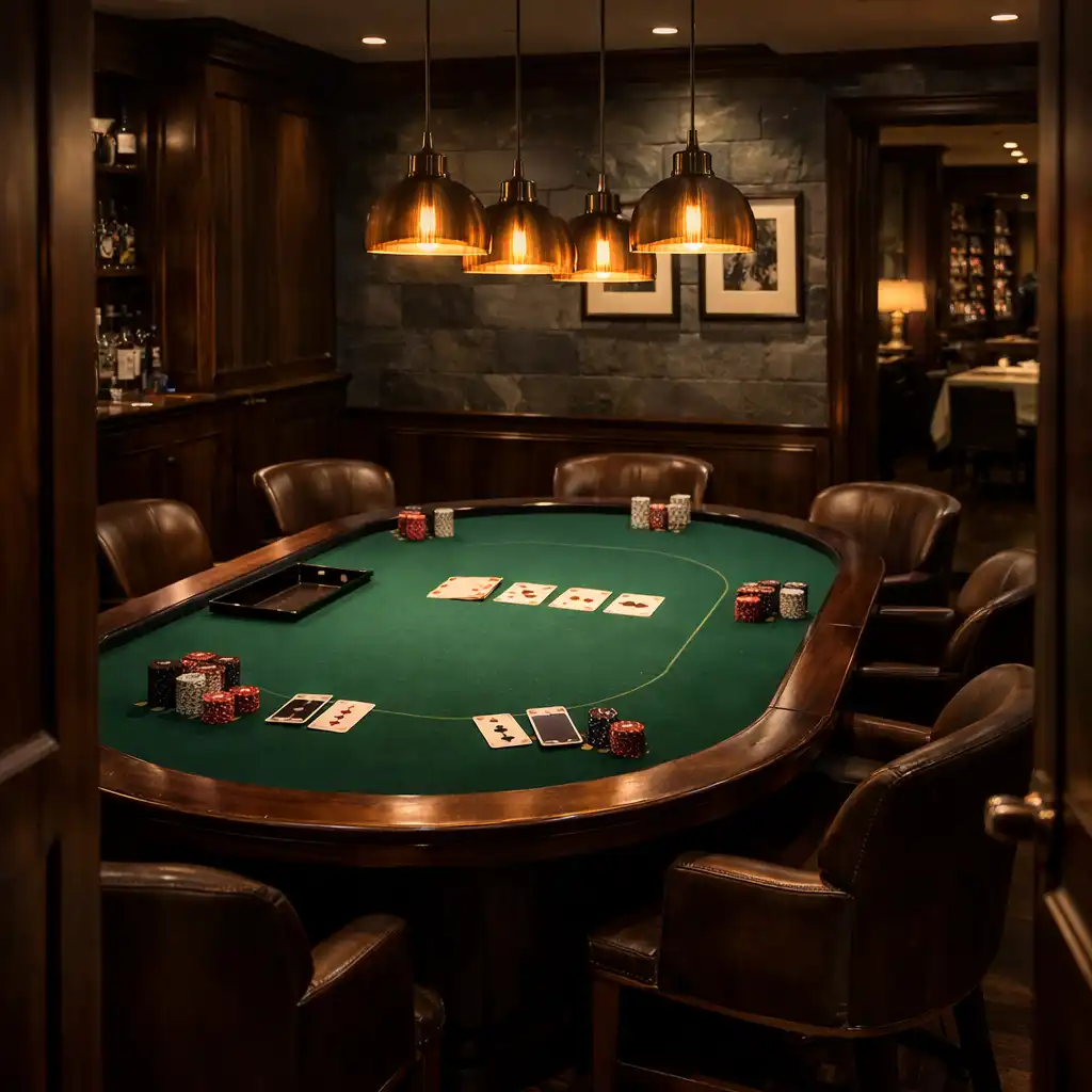 Warmly lit physical poker lounge with green felt table, cards and souvenir chips
