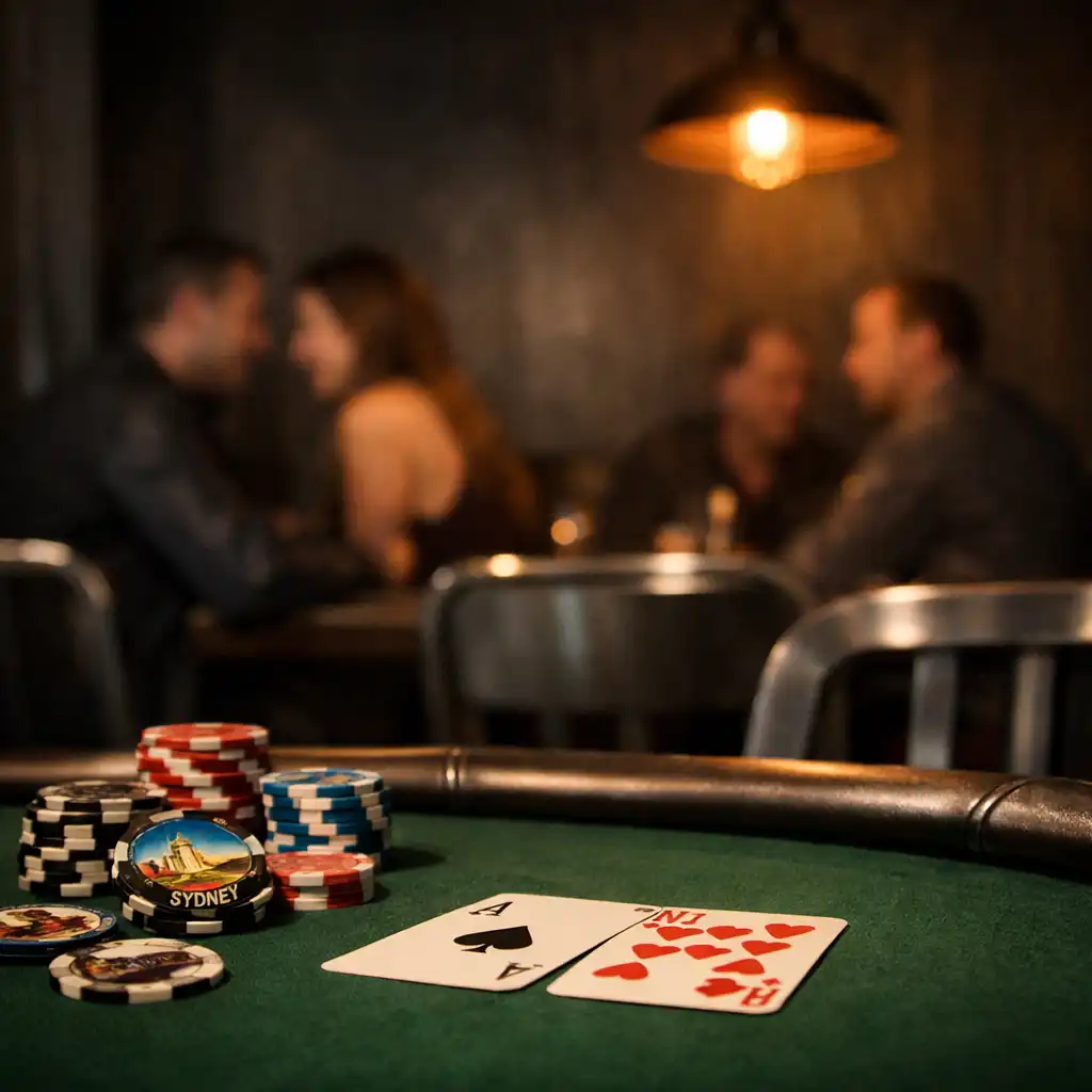 Green felt physical poker table inside an intimate dark lounge