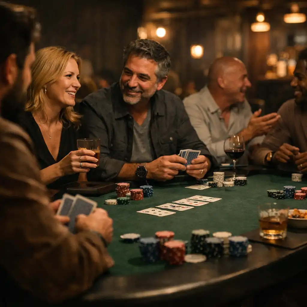 Guests enjoying a social poker night around a green felt table