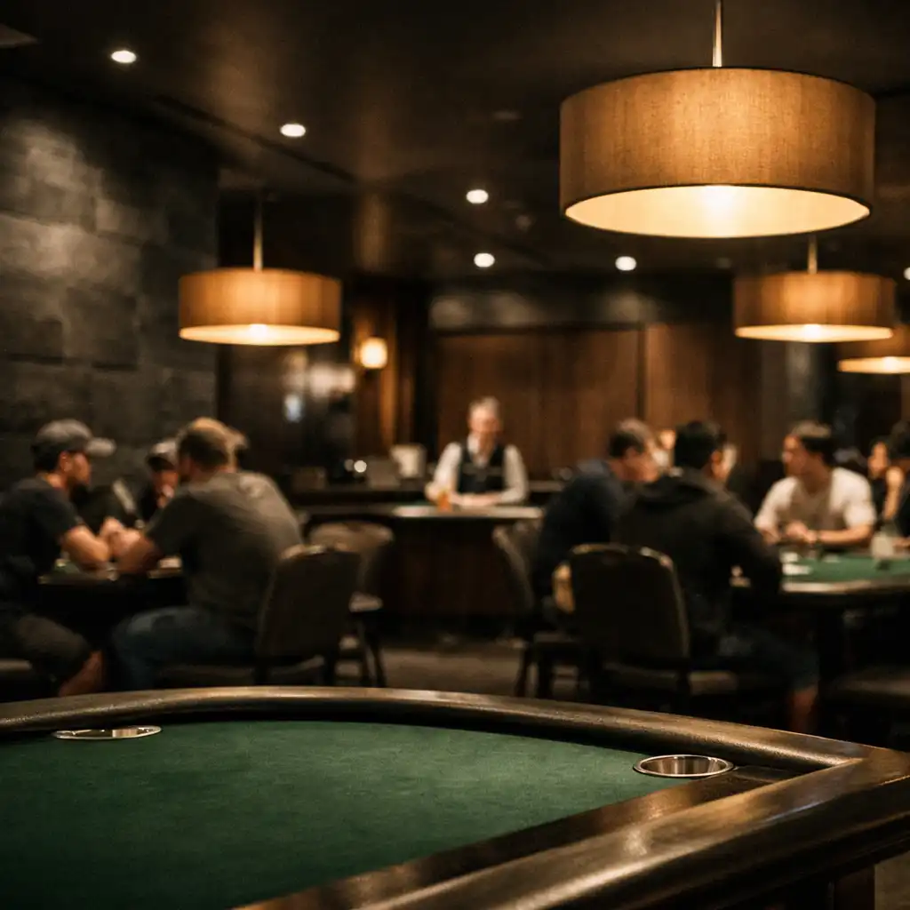 Warm amber lighting over green felt tables in a Sydney poker lounge
