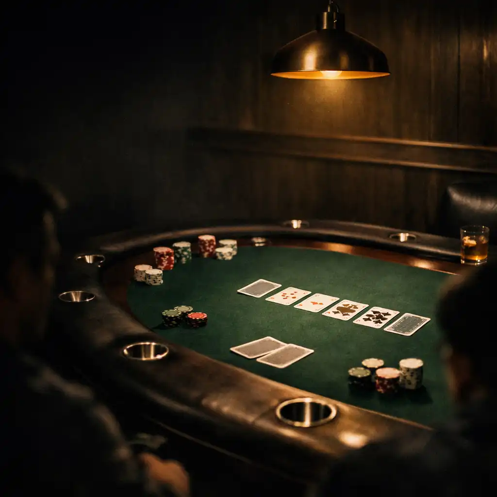 Warmly lit physical poker table with green felt in Silverstacklounge's lounge