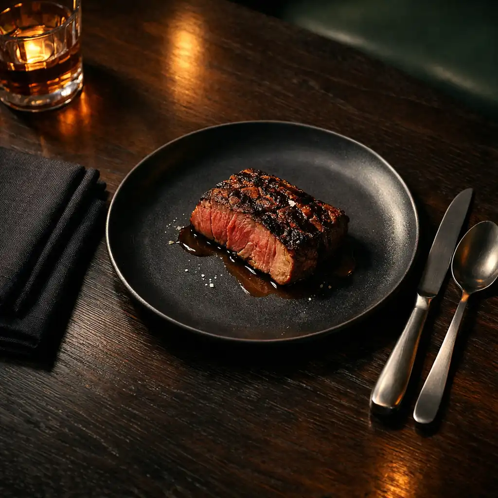Plated grilled steak with silver cutlery in a dark steakhouse setting
