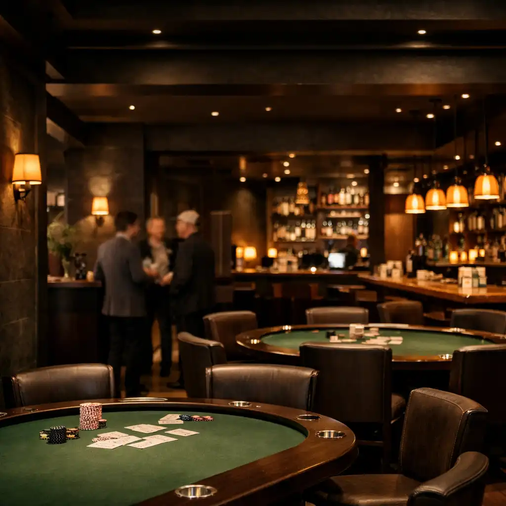 Entrance view into a refined industrial card poker room with warm amber lighting