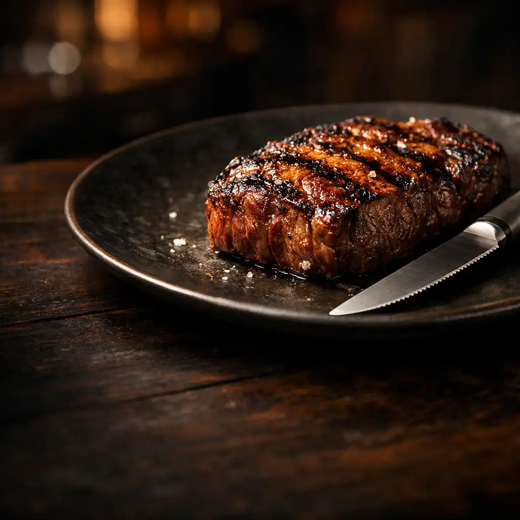 Prime grilled steak on dark ceramic with a brushed-metal steak knife