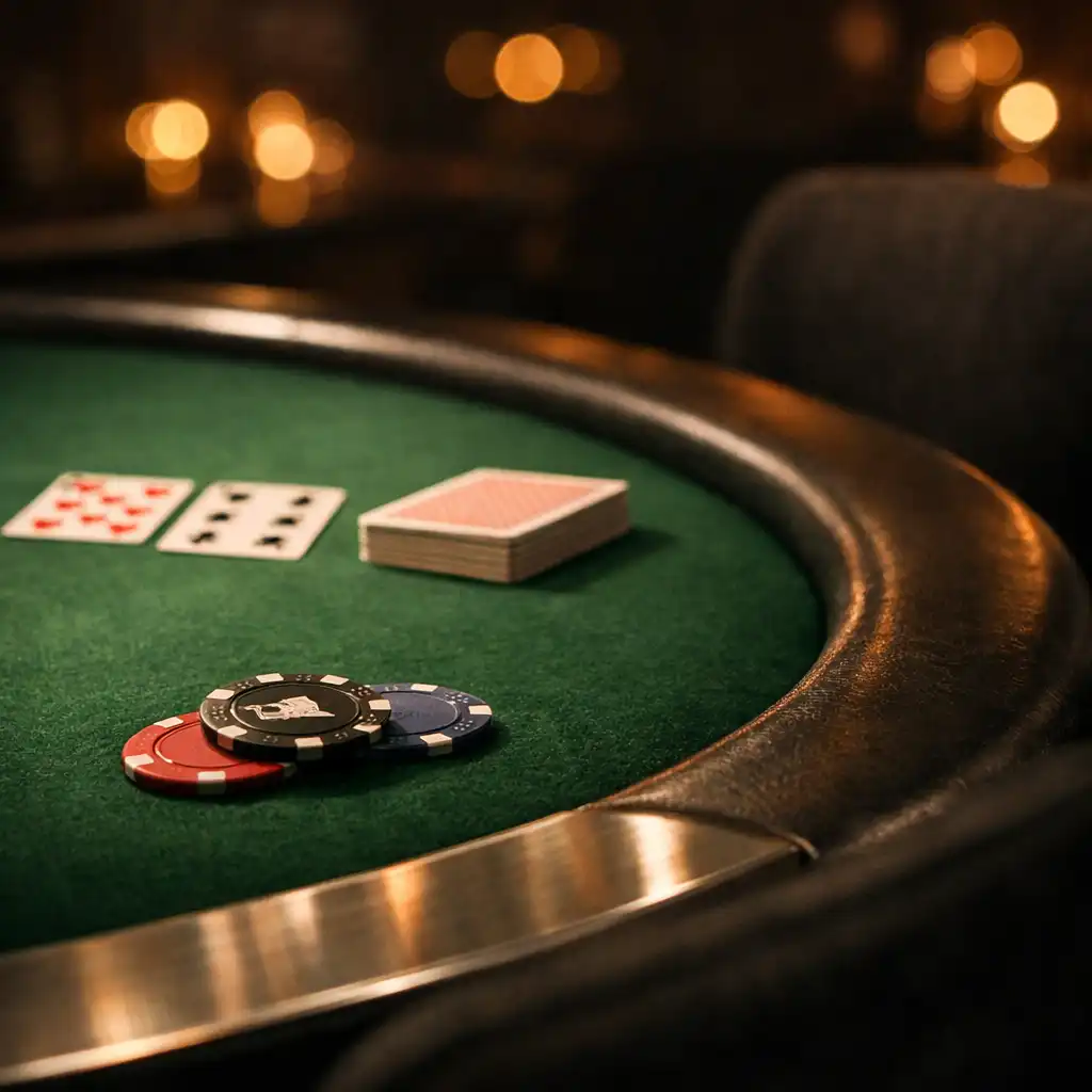 Playing cards and souvenir chips on green felt at a physical poker table