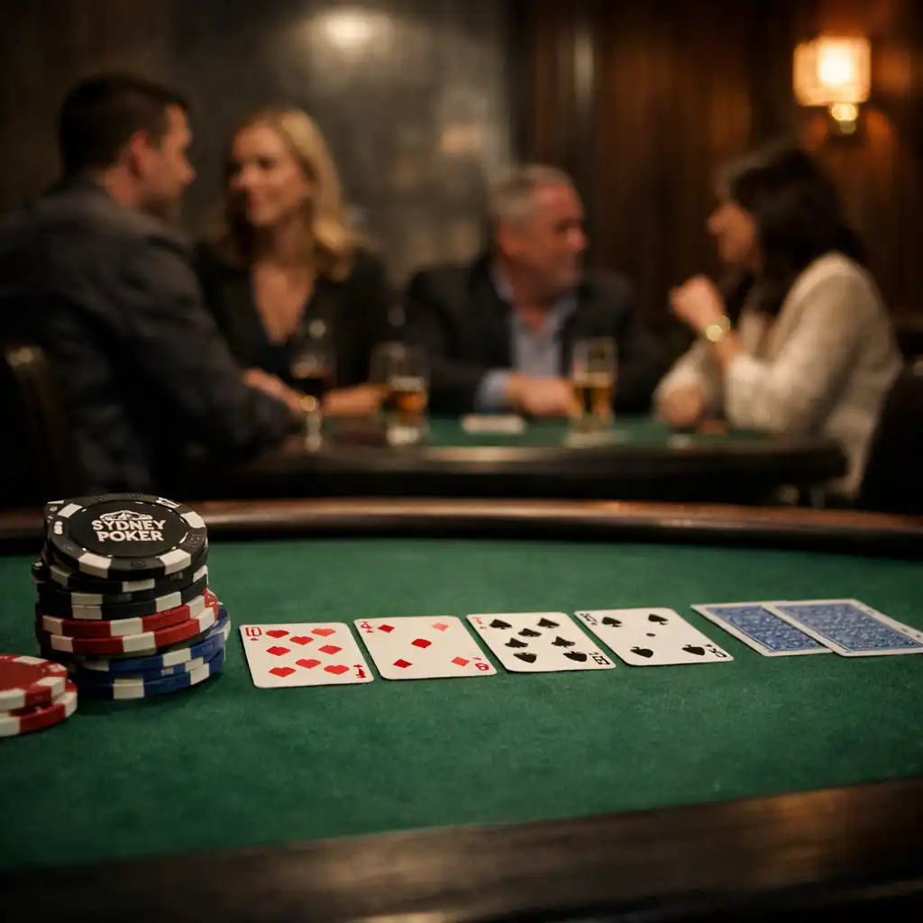 Cards and souvenir chips on a green felt poker table with guests conversing