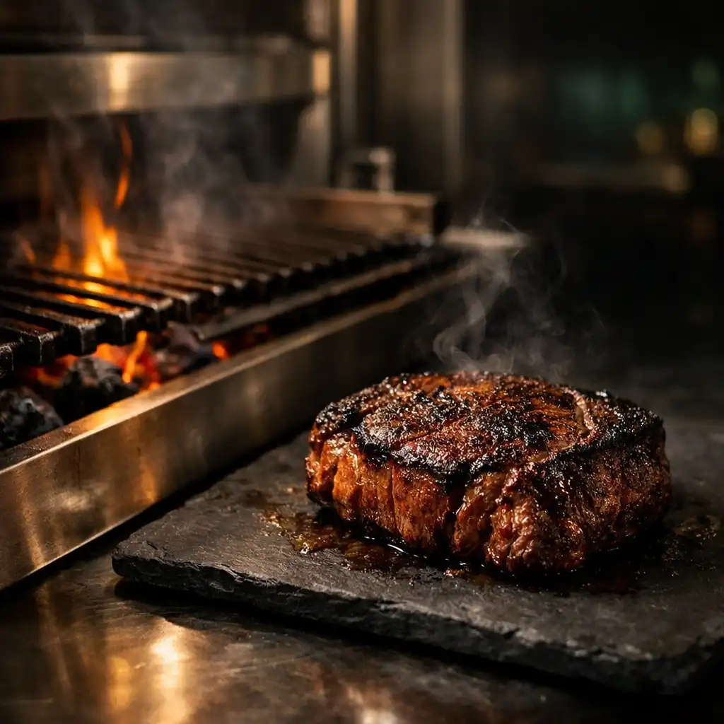 Prime steak resting beside a live grill surface
