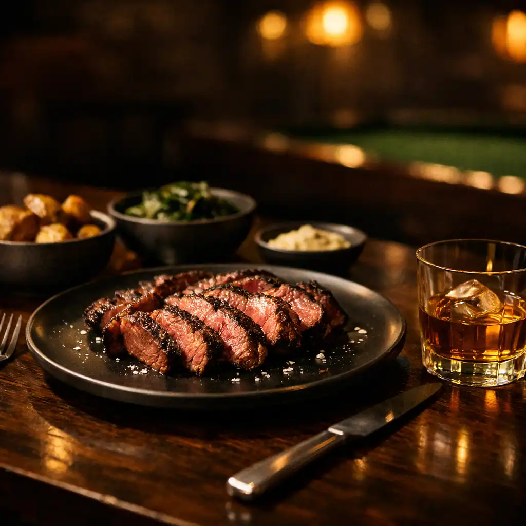Shared dark timber steakhouse table with grilled steak, side dishes and an amber-lit craft spirit glass