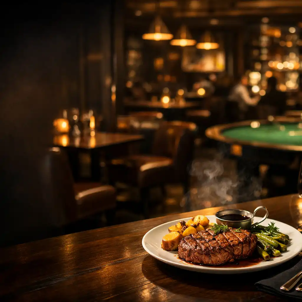 Grilled steak on a dark timber table in a warmly lit Silverstacklounge setting