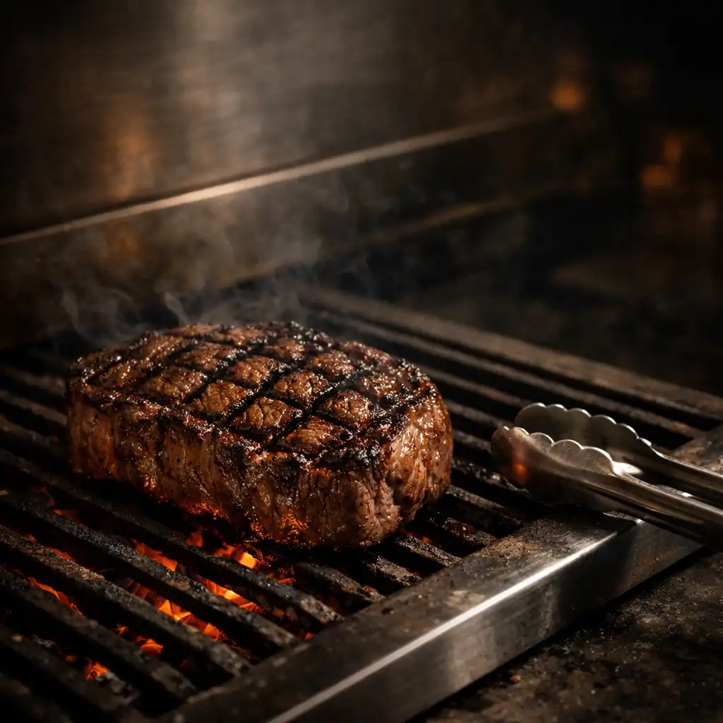 Prime steak cut meeting grill heat with ember glow and brushed metal