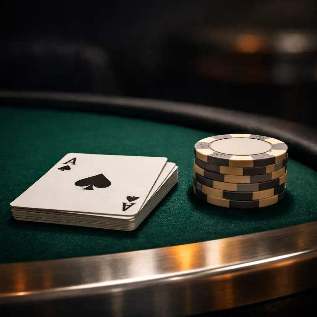 Playing cards and souvenir chips arranged on a deep green physical poker table