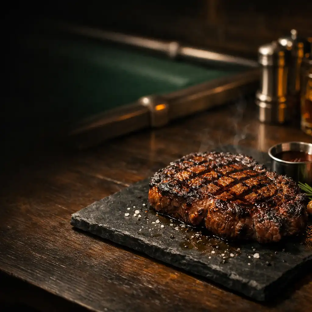 Prime grilled steak on a dark table with green felt and brushed silver details