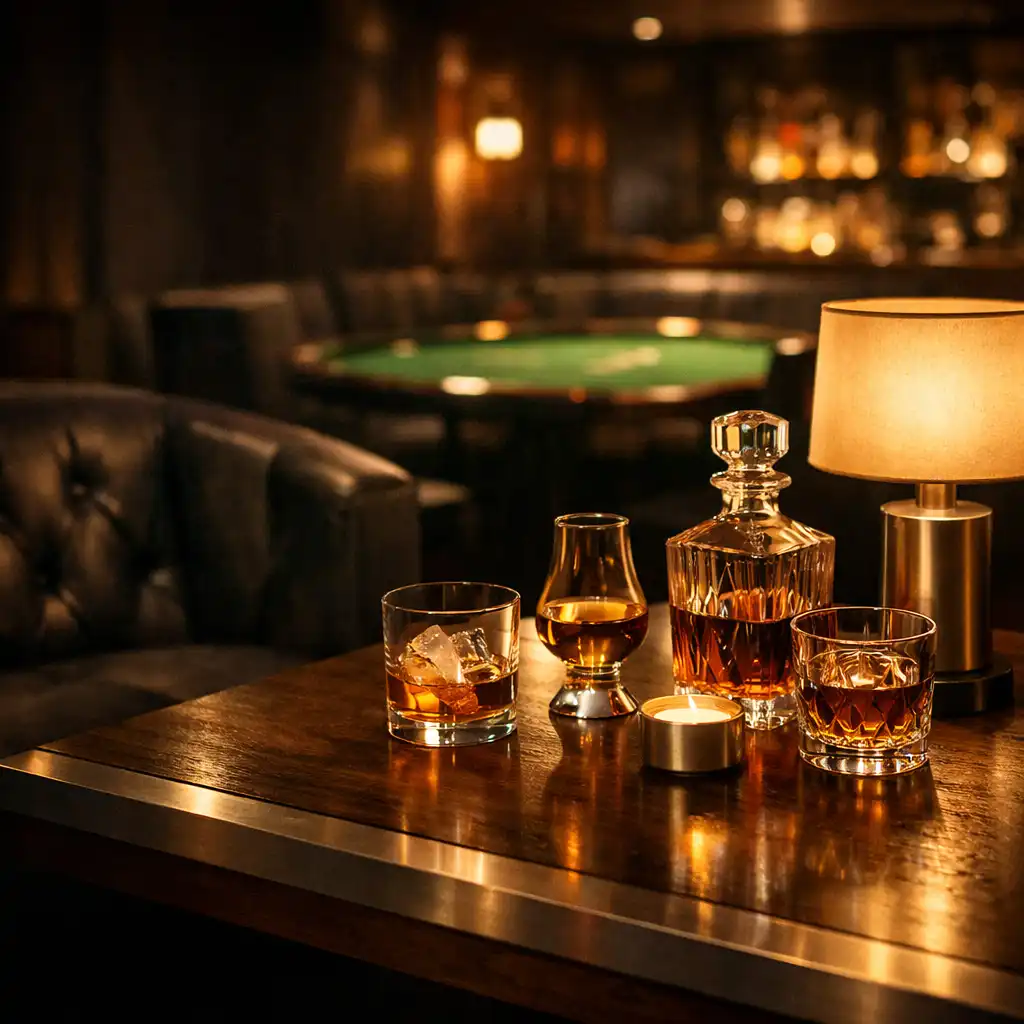 Amber-lit lounge table with craft spirit glasses and a green felt detail in the background